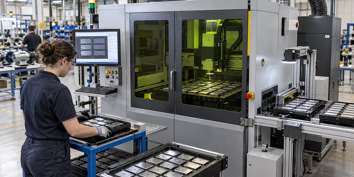 Metal nameplates being laser marked with serial data in a production cell, followed by readable-code inspection and tray output.